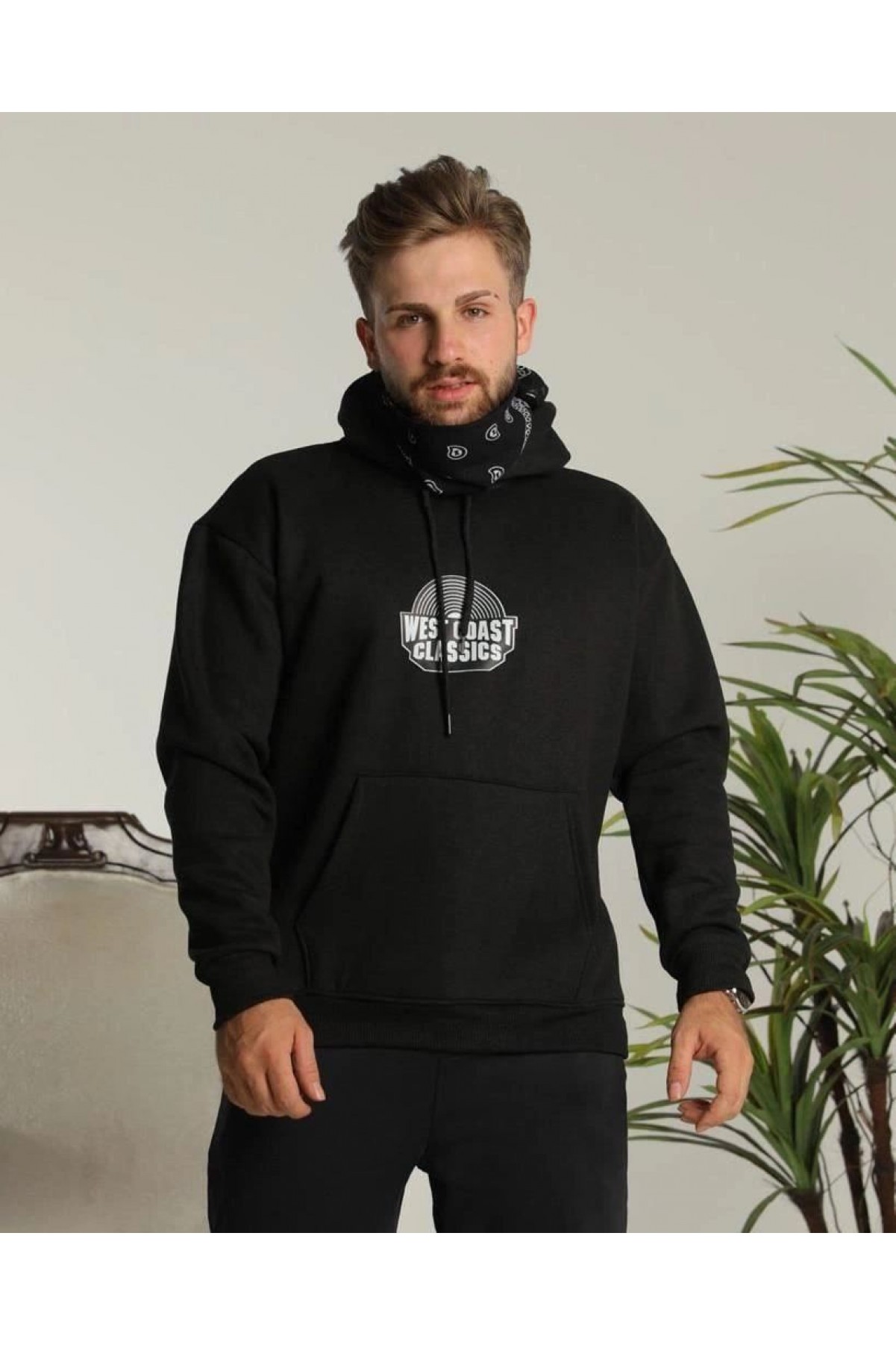 Erkek 3 İplik Pamuklu Kapüşonlu Baskılı Cepli Oversize Sweatshirt Hoodie - Siyah