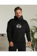 Erkek 3 İplik Pamuklu Kapüşonlu Baskılı Cepli Oversize Sweatshirt Hoodie - Siyah