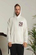 Erkek 3 İplik Pamuklu Kapüşonlu Baskılı Cepli Oversize Sweatshirt Hoodie - Beyaz
