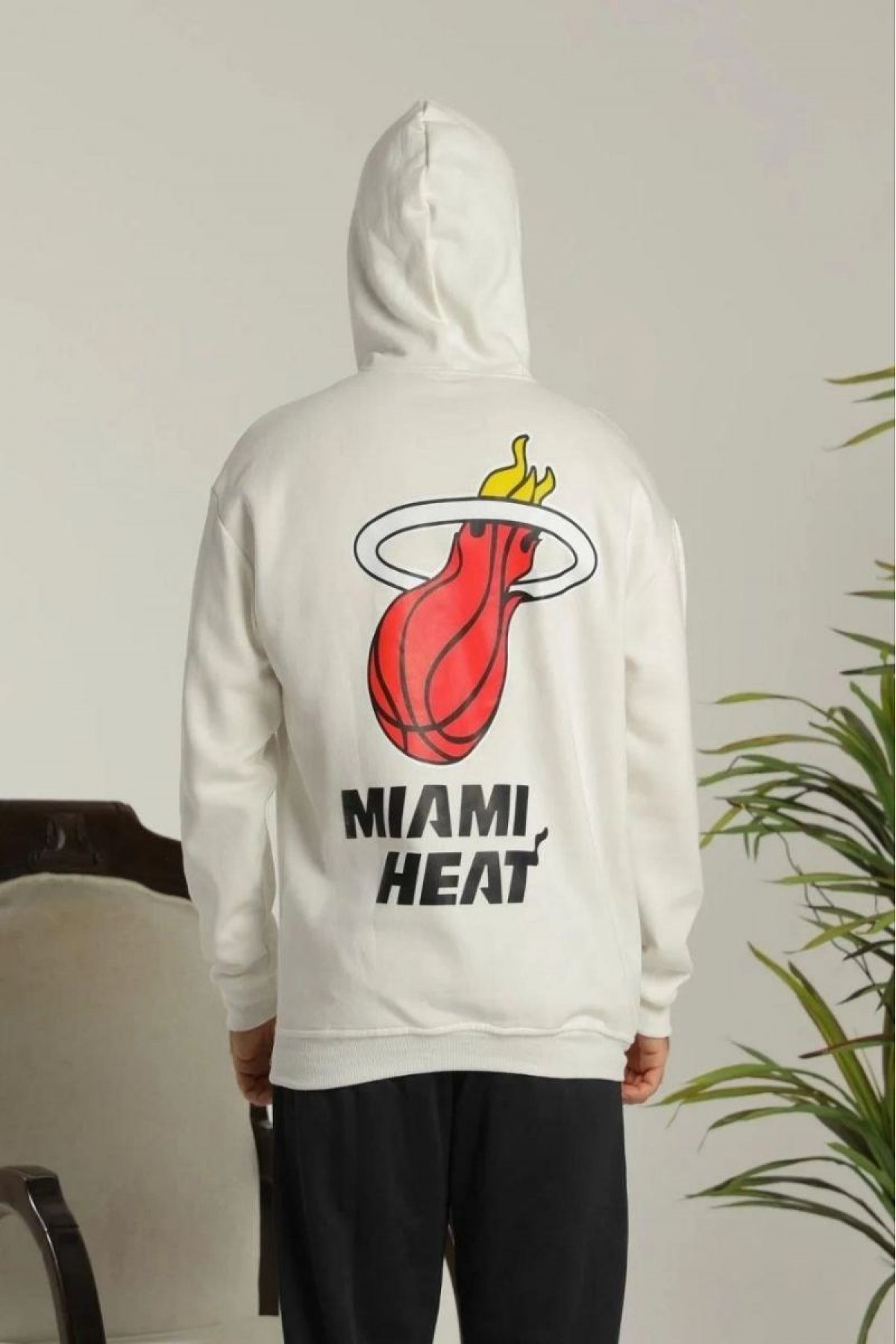 Erkek 3 İplik Pamuklu Kapüşonlu Baskılı Cepli Oversize Sweatshirt Hoodie - Beyaz
