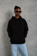 Erkek 3 İplik Pamuklu Kapüşonlu Kanguru Cepli Sweatshirt Hoodie -  Siyah