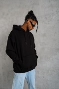 Erkek 3 İplik Pamuklu Kapüşonlu Kanguru Cepli Sweatshirt Hoodie -  Siyah
