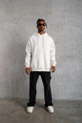 Erkek 3 İplik Pamuklu Kapüşonlu Kanguru Cepli Sweatshirt Hoodie - Beyaz
