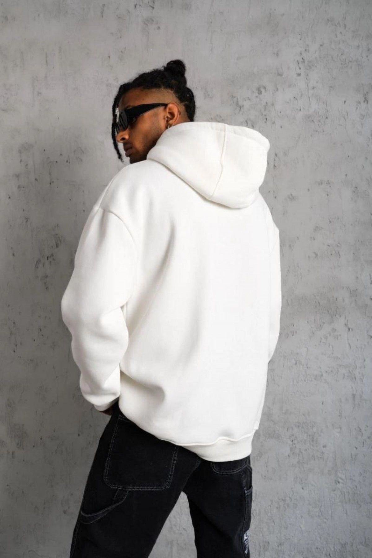 Erkek 3 İplik Pamuklu Kapüşonlu Kanguru Cepli Sweatshirt Hoodie - Beyaz