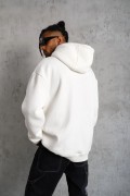 Erkek 3 İplik Pamuklu Kapüşonlu Kanguru Cepli Sweatshirt Hoodie - Beyaz