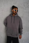 Erkek 3 İplik Pamuklu Kapüşonlu Kanguru Cepli Sweatshirt Hoodie - Gri