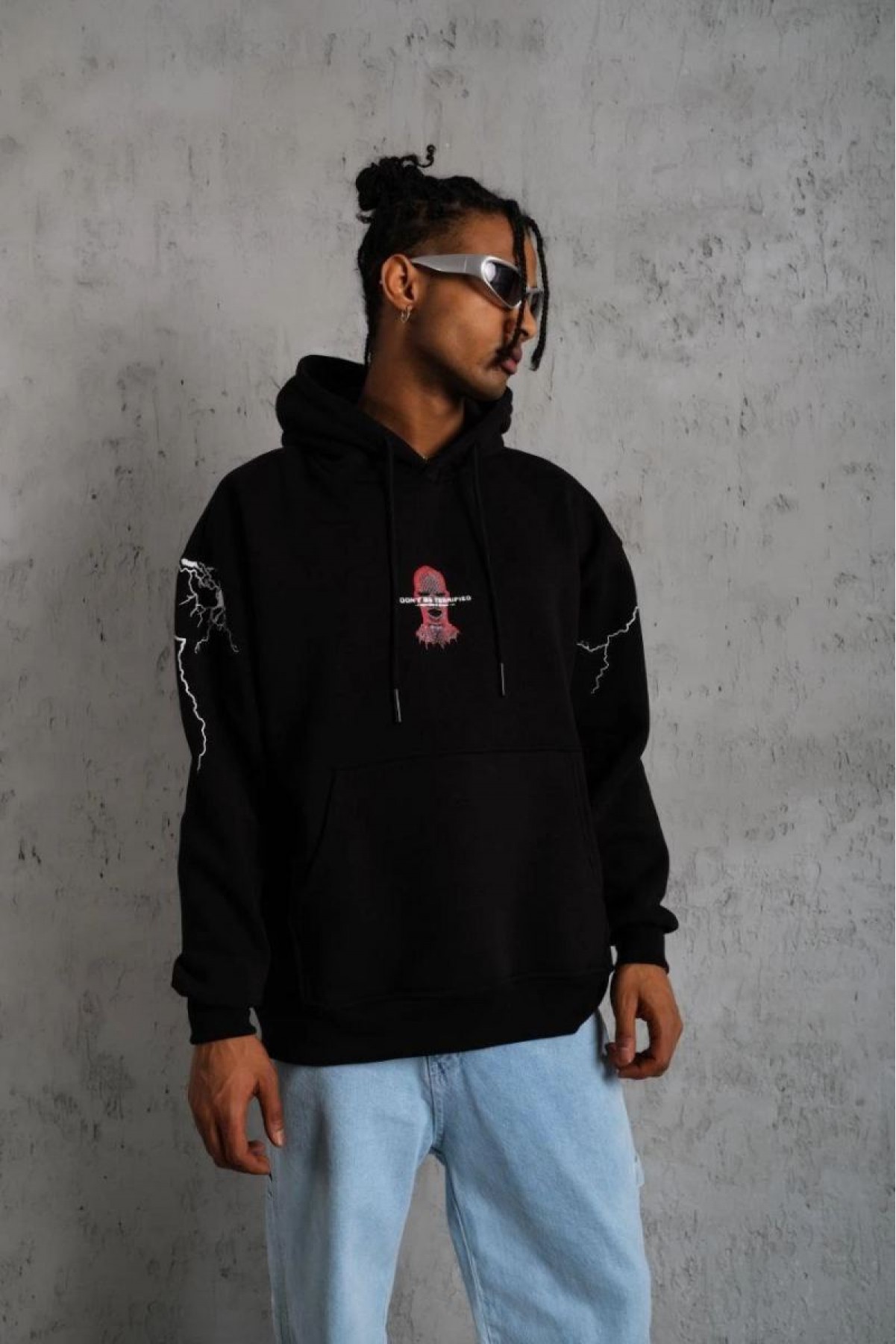 Erkek 3 İplik Pamuklu Kapüşonlu Baskılı Cepli Oversize Sweatshirt Hoodie - Siyah