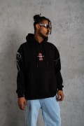 Erkek 3 İplik Pamuklu Kapüşonlu Baskılı Cepli Oversize Sweatshirt Hoodie - Siyah