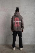 Erkek 3 İplik Pamuklu Kapüşonlu Baskılı Cepli Oversize Sweatshirt Hoodie - Gri