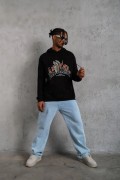 Erkek 3 İplik Pamuklu Kapüşonlu Baskılı Cepli Oversize Sweatshirt Hoodie - Siyah