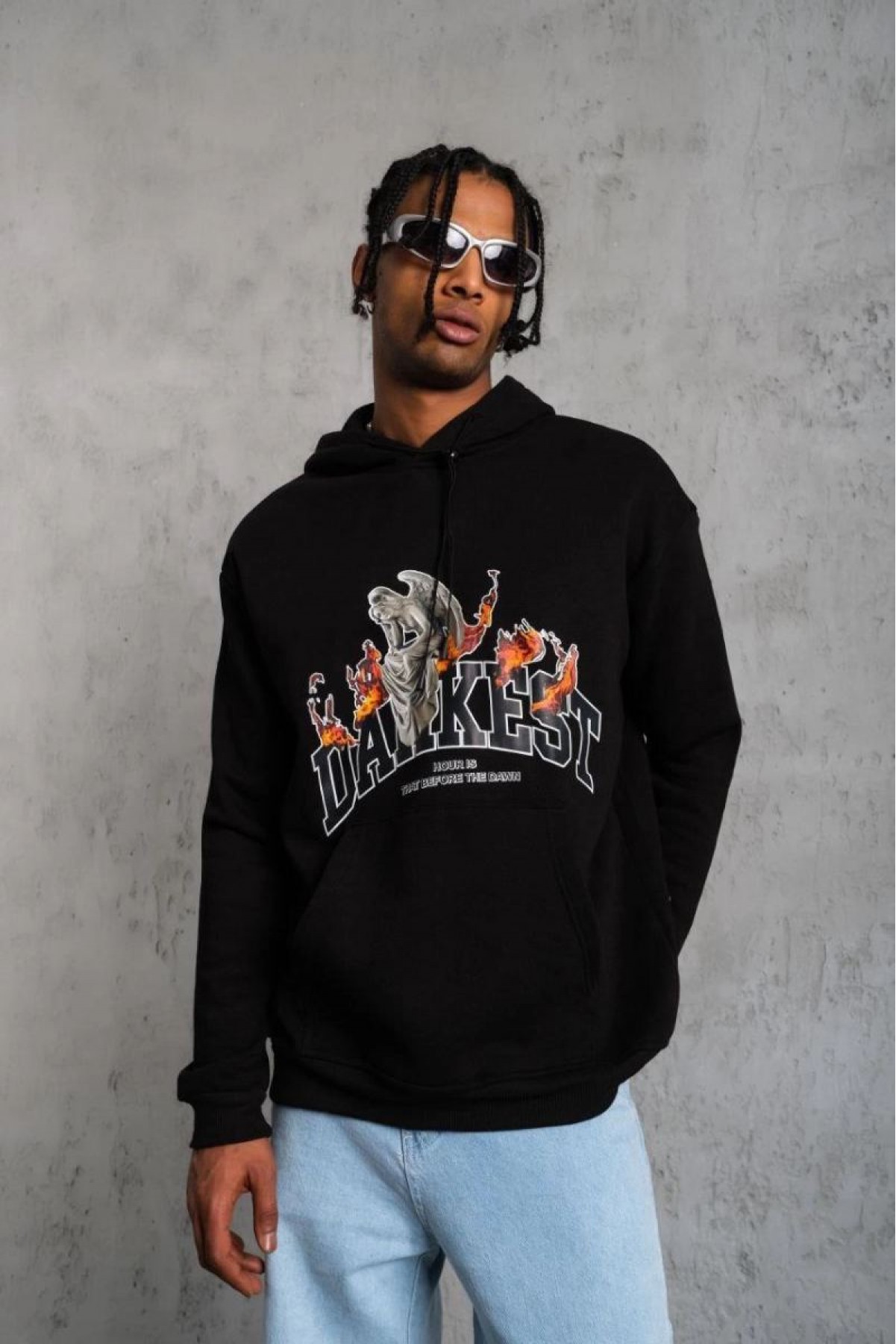 Erkek 3 İplik Pamuklu Kapüşonlu Baskılı Cepli Oversize Sweatshirt Hoodie - Siyah