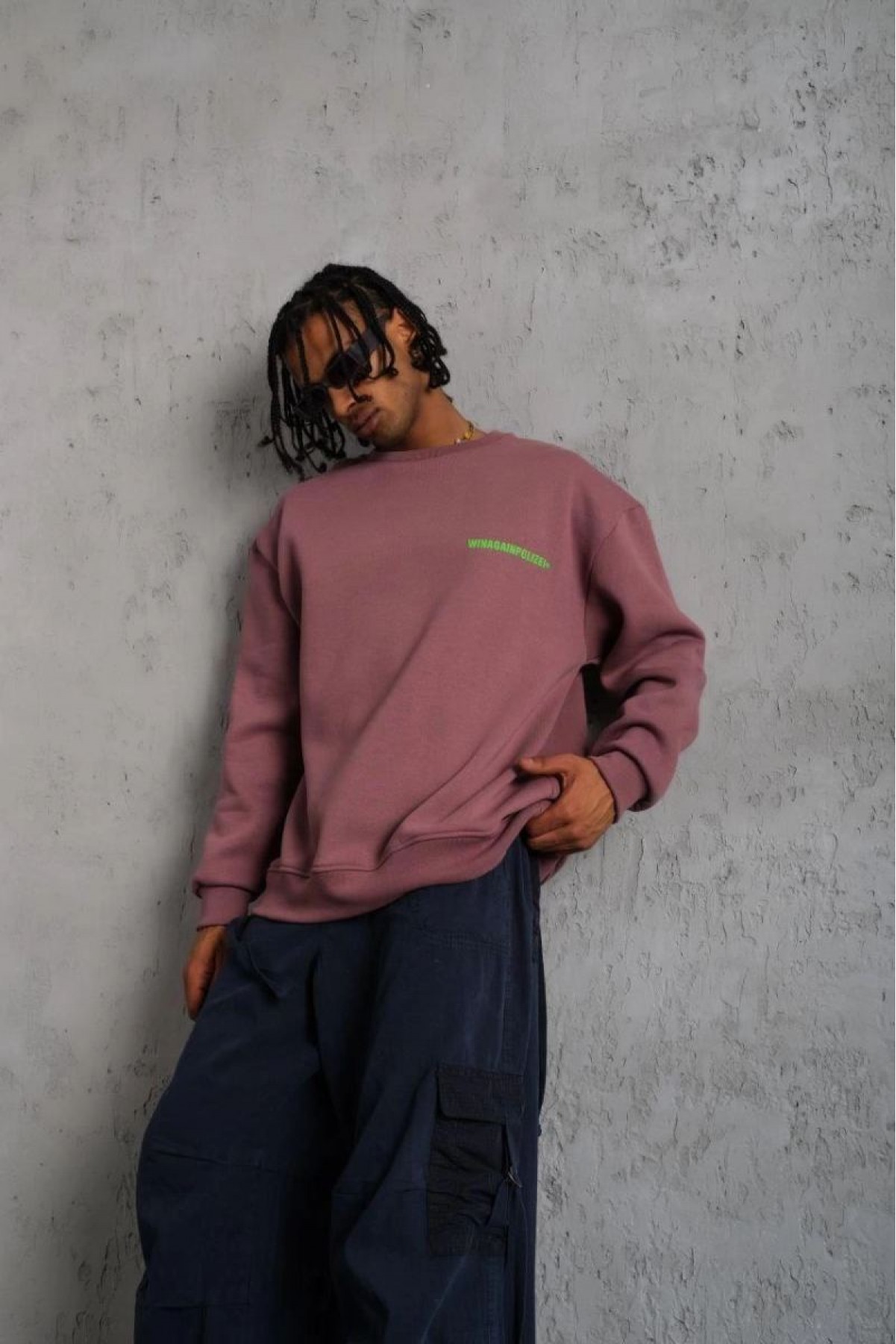 Erkek Bisiklet Yaka Baskılı 3 iplik pamuklu Sweatshirt - Gül Kurusu