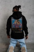 Erkek 3 İplik Pamuklu Kapüşonlu Baskılı Cepli Oversize Sweatshirt Hoodie - Siyah