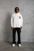 Erkek 3 İplik Pamuklu Kapüşonlu Baskılı Cepli Oversize Sweatshirt Hoodie - Beyaz