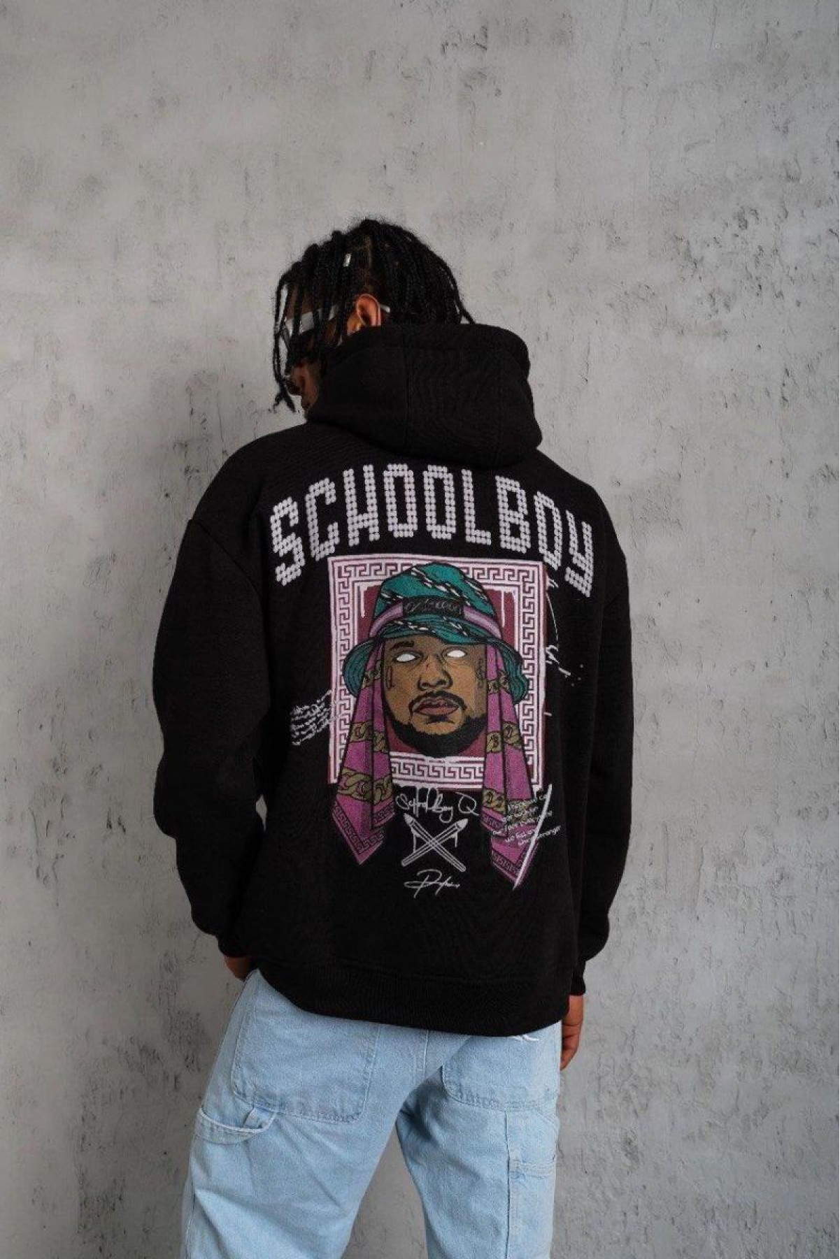 Erkek 3 İplik Pamuklu Kapüşonlu Baskılı Cepli Oversize Sweatshirt Hoodie - Siyah