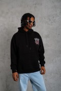 Erkek 3 İplik Pamuklu Kapüşonlu Baskılı Cepli Oversize Sweatshirt Hoodie - Siyah