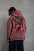 Erkek 3 İplik Pamuklu Kapüşonlu Baskılı Cepli Oversize Sweatshirt Hoodie - Gül Kurusu