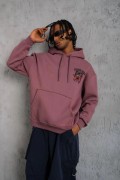 Erkek 3 İplik Pamuklu Kapüşonlu Baskılı Cepli Oversize Sweatshirt Hoodie - Gül Kurusu