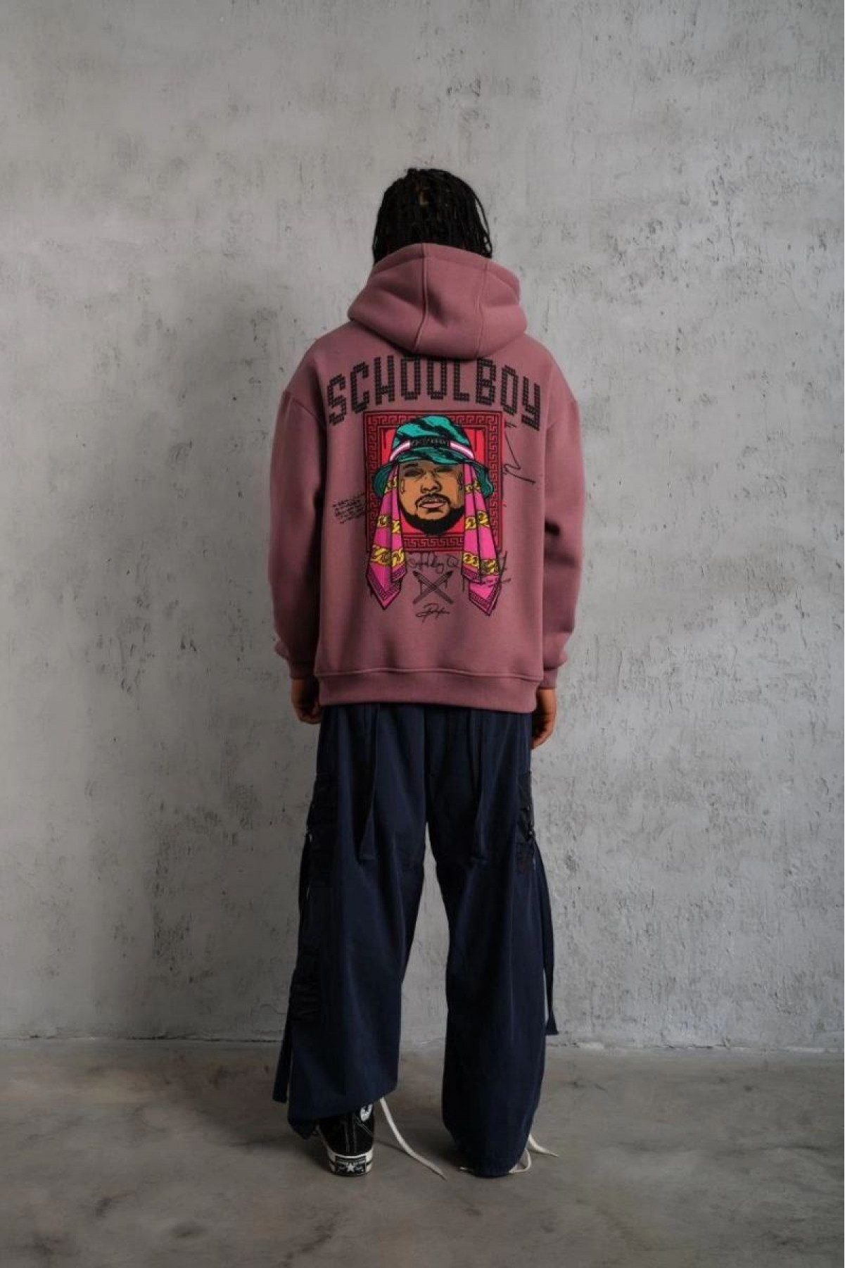 Erkek 3 İplik Pamuklu Kapüşonlu Baskılı Cepli Oversize Sweatshirt Hoodie - Gül Kurusu