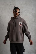 Erkek 3 İplik Pamuklu Kapüşonlu Baskılı Cepli Oversize Sweatshirt Hoodie - Gri