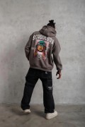 Erkek 3 İplik Pamuklu Kapüşonlu Baskılı Cepli Oversize Sweatshirt Hoodie - Gri