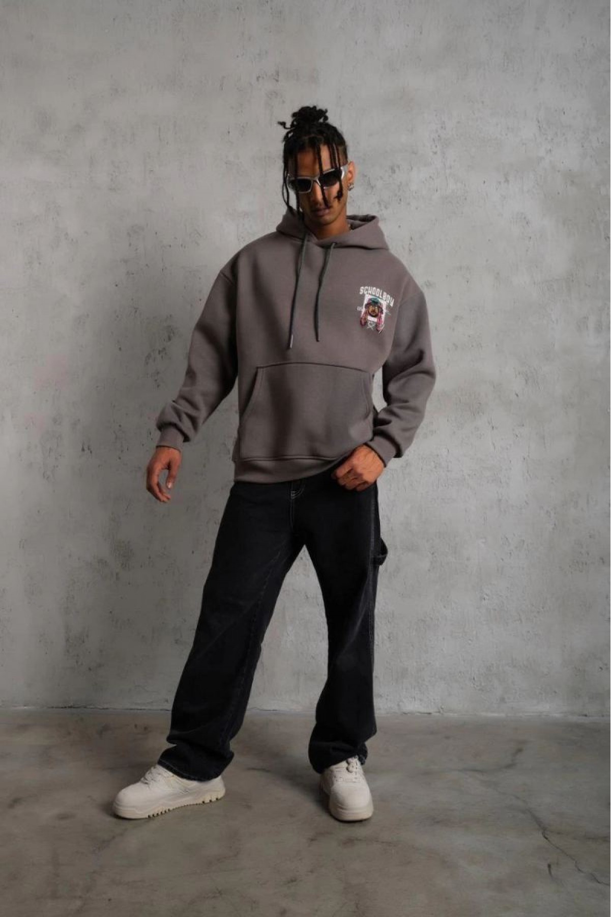 Erkek 3 İplik Pamuklu Kapüşonlu Baskılı Cepli Oversize Sweatshirt Hoodie - Gri