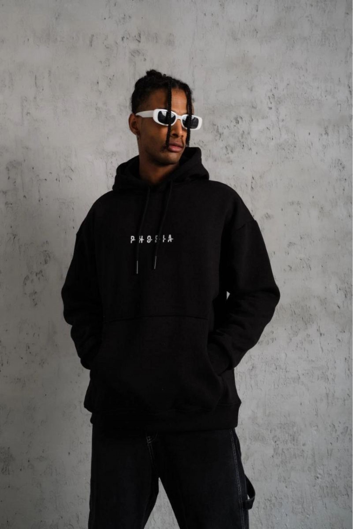 Erkek 3 İplik Pamuklu Kapüşonlu Baskılı Cepli Oversize Sweatshirt Hoodie - Siyah