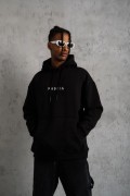 Erkek 3 İplik Pamuklu Kapüşonlu Baskılı Cepli Oversize Sweatshirt Hoodie - Siyah