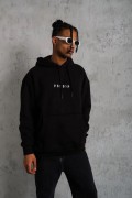 Erkek 3 İplik Pamuklu Kapüşonlu Baskılı Cepli Oversize Sweatshirt Hoodie - Siyah