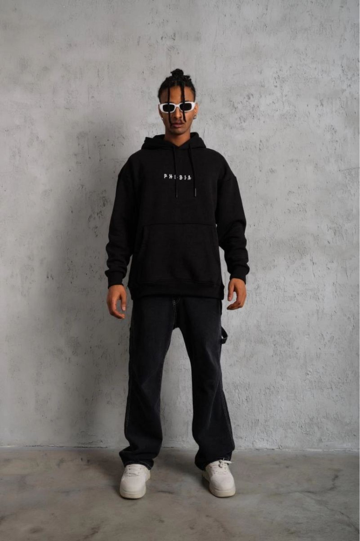 Erkek 3 İplik Pamuklu Kapüşonlu Baskılı Cepli Oversize Sweatshirt Hoodie - Siyah