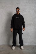 Erkek 3 İplik Pamuklu Kapüşonlu Baskılı Cepli Oversize Sweatshirt Hoodie - Siyah