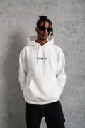 Erkek 3 İplik Pamuklu Kapüşonlu Baskılı Cepli Oversize Sweatshirt Hoodie - Beyaz