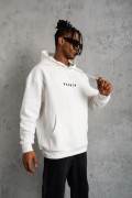 Erkek 3 İplik Pamuklu Kapüşonlu Baskılı Cepli Oversize Sweatshirt Hoodie - Beyaz