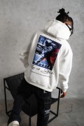 Erkek 3 İplik Pamuklu Kapüşonlu Baskılı Cepli Oversize Sweatshirt Hoodie - Beyaz