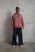 Erkek 3 İplik Pamuklu Kapüşonlu Baskılı Cepli Oversize Sweatshirt Hoodie - Gül Kurusu