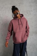 Erkek 3 İplik Pamuklu Kapüşonlu Baskılı Cepli Oversize Sweatshirt Hoodie - Gül Kurusu