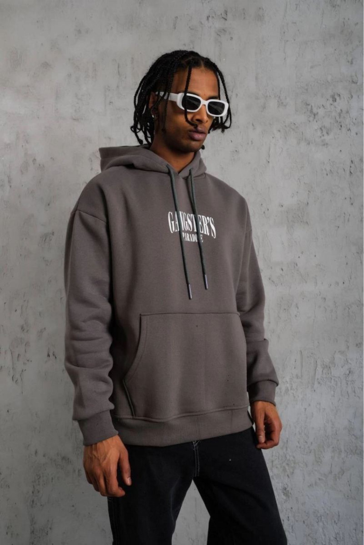 Erkek 3 İplik Pamuklu Baskılı Kapüşonlu Cepli Sweatshirt Hoodie - Gri