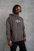Erkek 3 İplik Pamuklu Baskılı Kapüşonlu Cepli Sweatshirt Hoodie - Gri