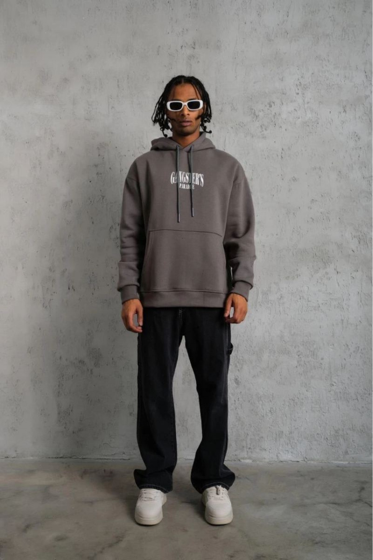 Erkek 3 İplik Pamuklu Baskılı Kapüşonlu Cepli Sweatshirt Hoodie - Gri