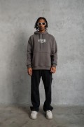Erkek 3 İplik Pamuklu Baskılı Kapüşonlu Cepli Sweatshirt Hoodie - Gri