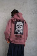 Erkek 3 İplik Pamuklu Kapüşonlu Baskılı Cepli Oversize Sweatshirt Hoodie - Gül Kurusu