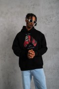 Erkek Kapüşonlu Cepli Box Eldiven Baskılı 3 İplik Sweatshirt Hoodie - Siyah