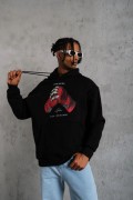 Erkek Kapüşonlu Cepli Box Eldiven Baskılı 3 İplik Sweatshirt Hoodie - Siyah