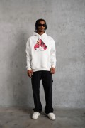 Erkek Kapüşonlu Cepli Boks Eldiven Baskılı 3 İplik Sweatshirt Hoodie - Beyaz
