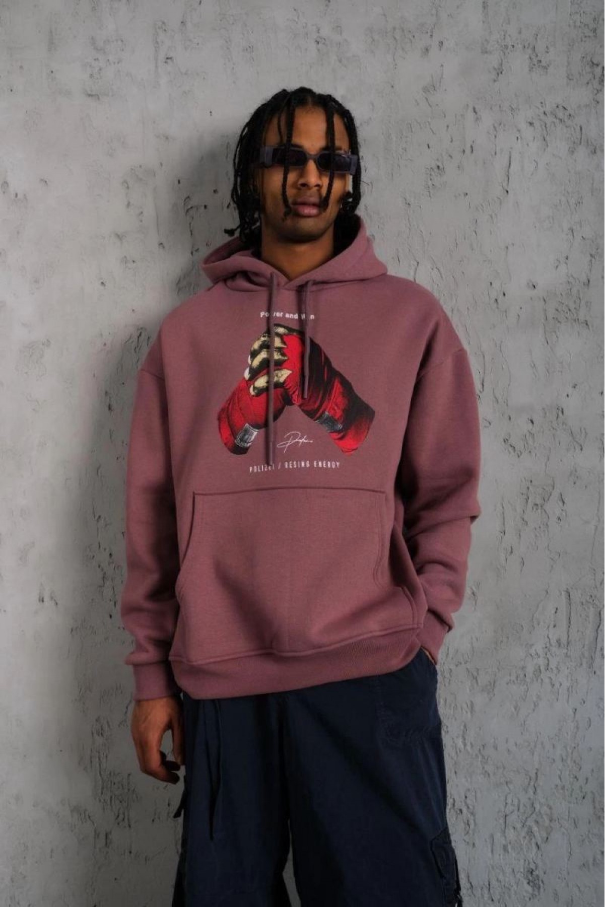 Erkek Kapüşonlu Cepli Box Eldiven Baskılı 3 İplik Sweatshirt Hoodie - Gül Kurusu