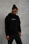 Erkek Baskılı Kapüşonlu 3 iplik pamuklu hoodie Sweatshirt - Siyah