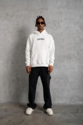 Erkek 3 İplik Pamuklu Kapüşonlu Baskılı Cepli Oversize Sweatshirt Hoodie - Beyaz
