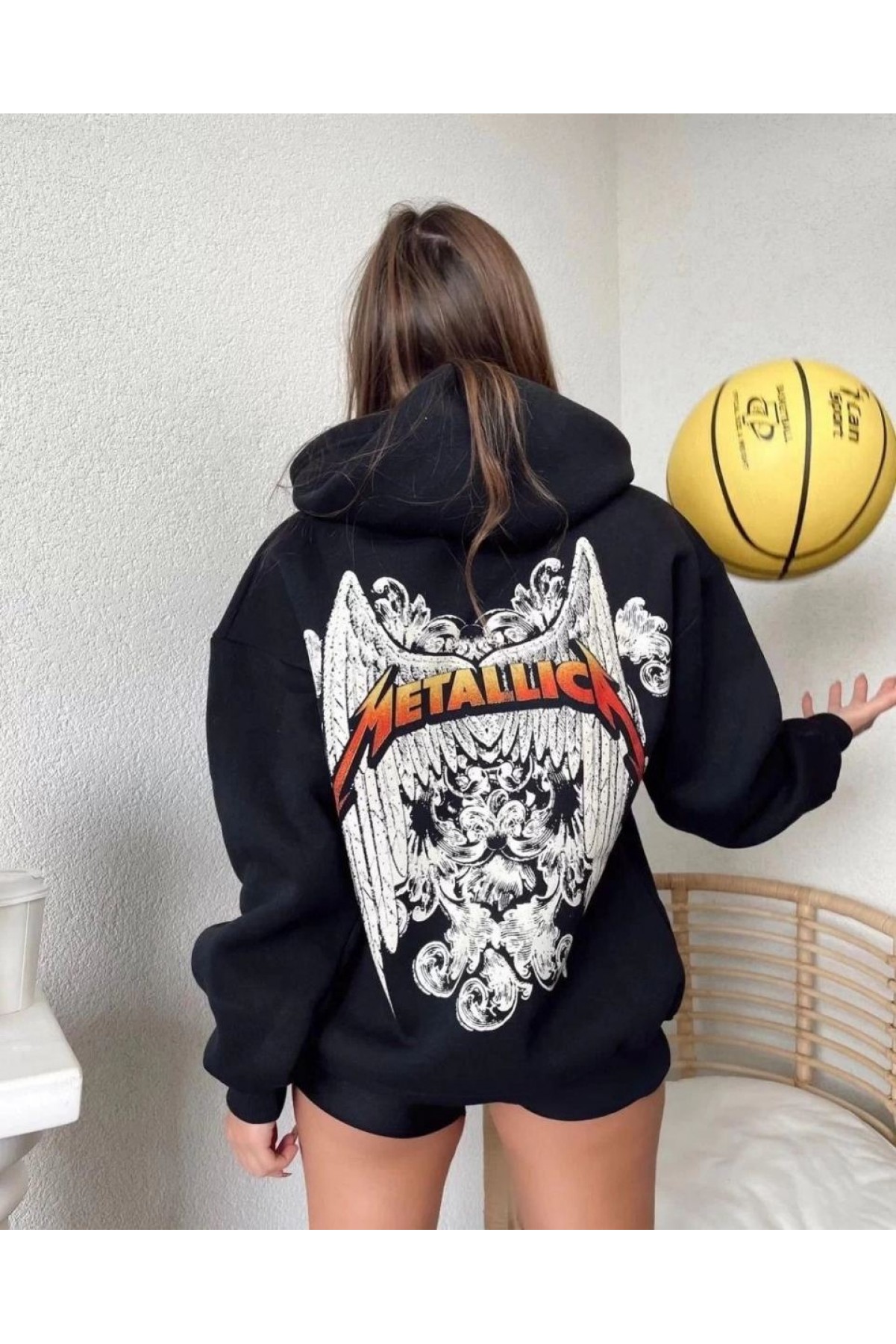 Kadın 2 İplik METALLICA Baskılı Kapüşonlu Hoodie Sweatshirt - Siyah