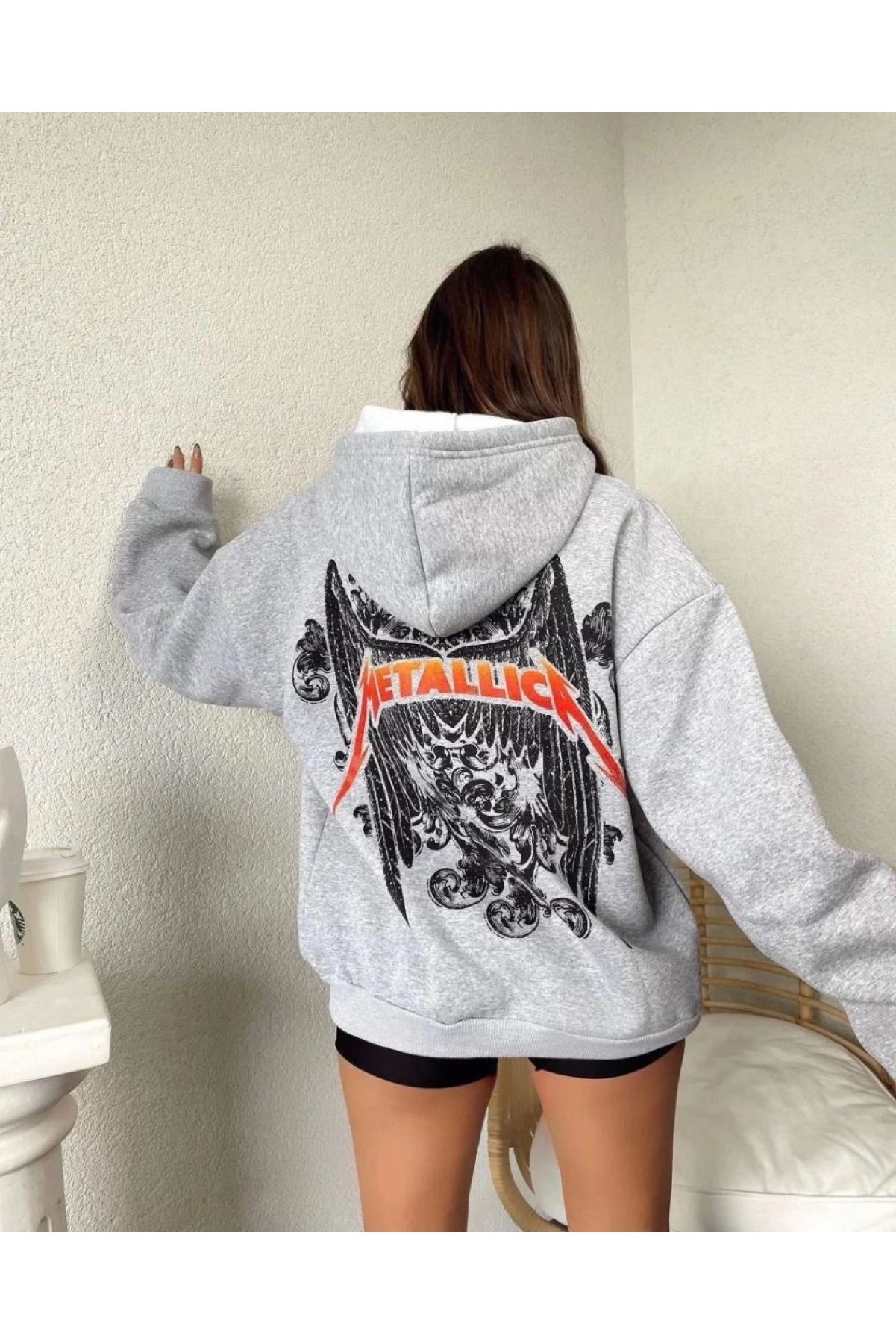 Kadın 2 İplik METALLICA Baskılı Kapüşonlu Sweatshirt Hoodie - Gri