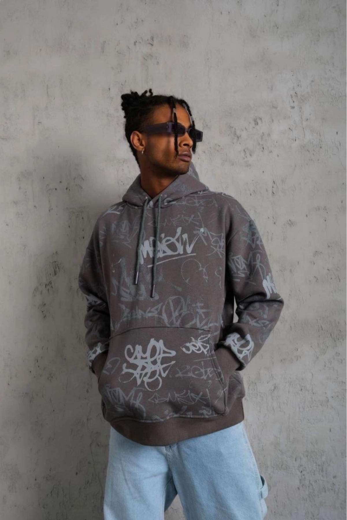 Erkek 3 İplik Pamuklu Kapüşonlu Kanguru Cepli Sweatshirt Hoodie -  Gri